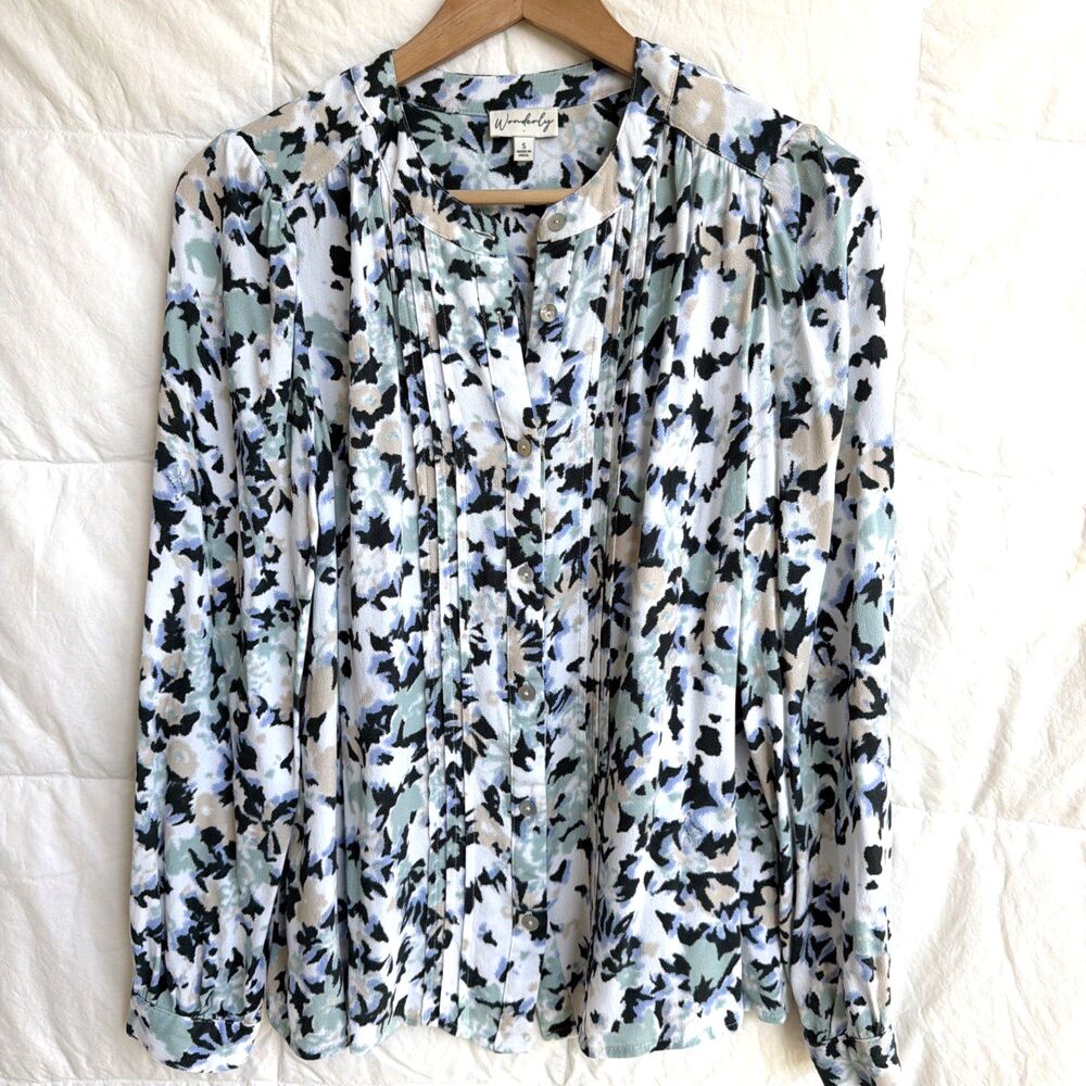 Wonderly Cottagecore Floral Pleated LS Button Blouse Size Small
